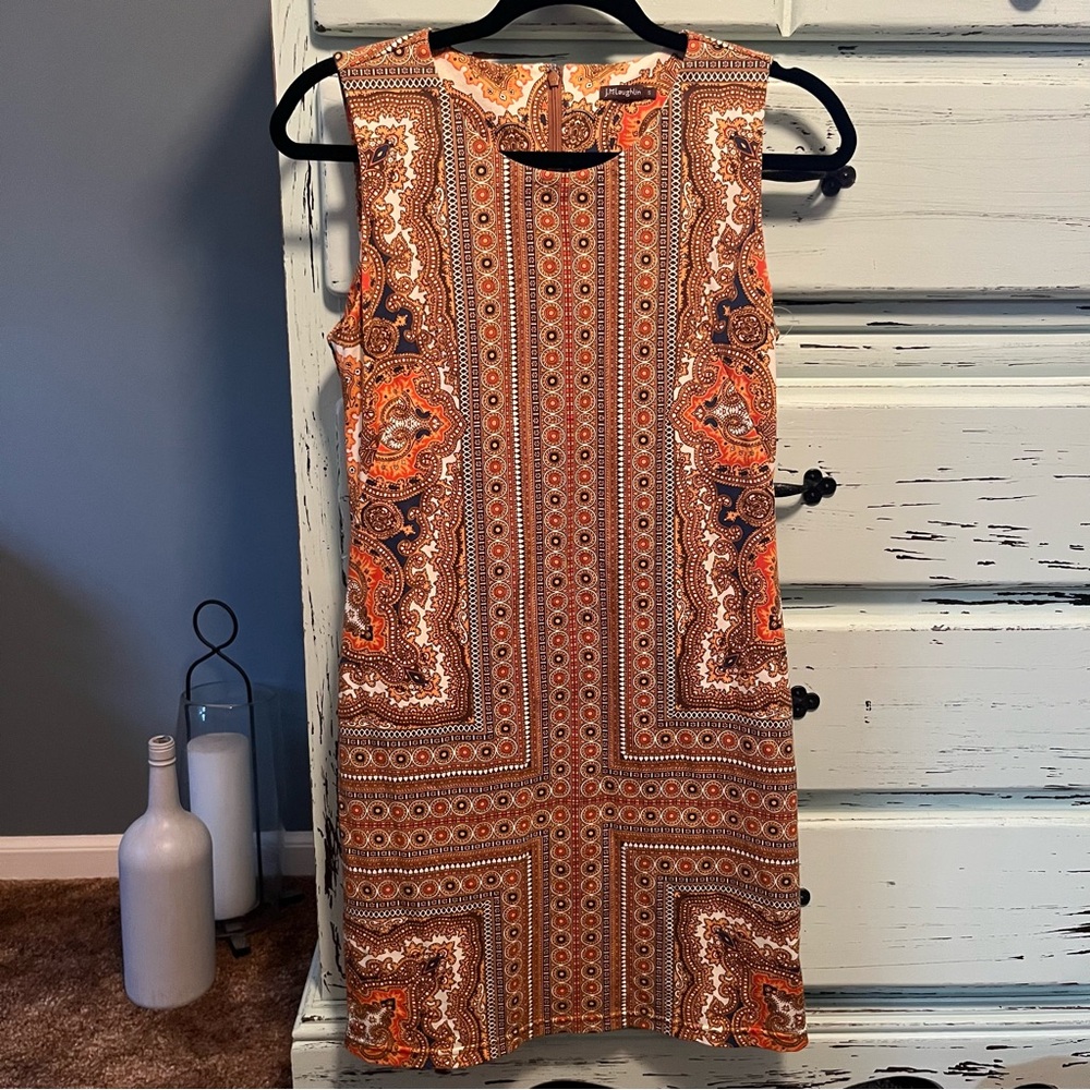 J. McLaughlin Orange and Brown Paisley knee length Dress. Size small.